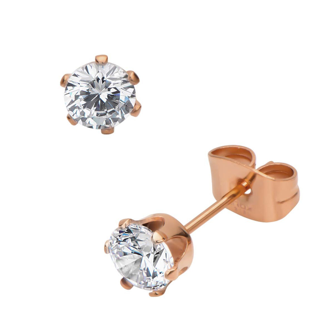 Rose Gold IP Steel with Clear CZ Stud Earrings (Unisex)