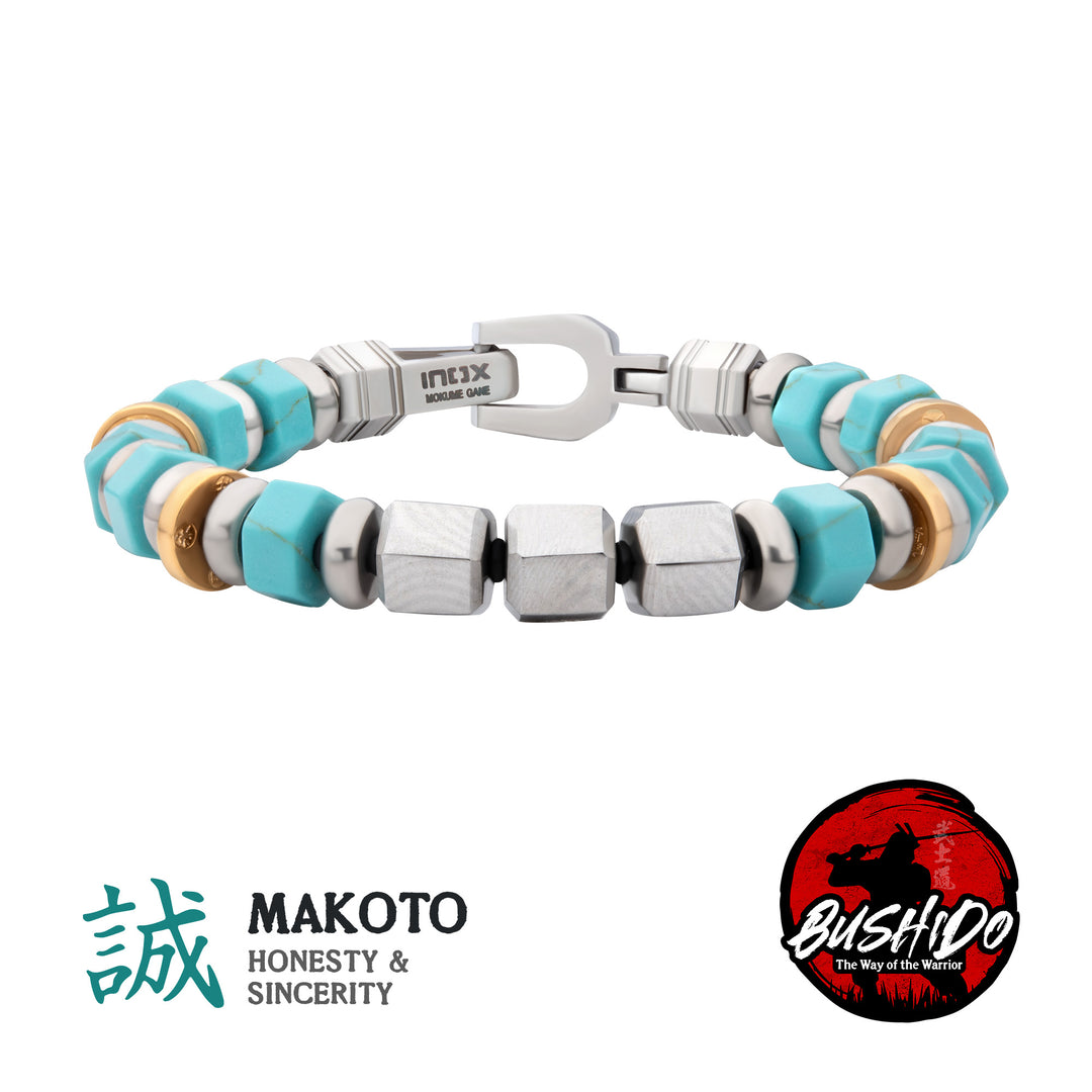 8mm Mokume Gane and Turquoise Beads Bushido Virtue Bracelet - MAKOTO: Honesty and Sincerity