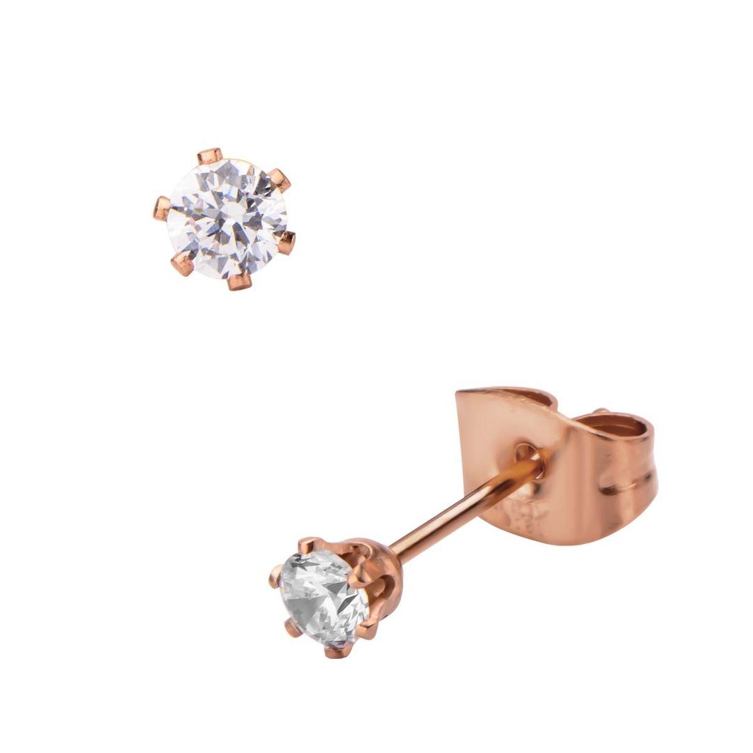 Rose Gold IP Steel with Clear CZ Stud Earrings (Unisex)