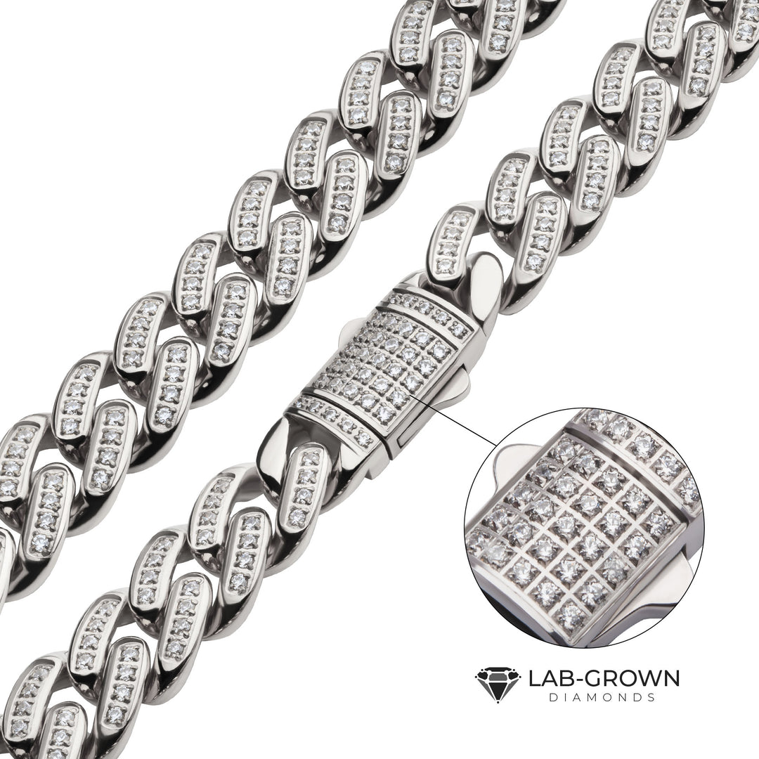 12mm Steel Miami Cuban Chain Necklace with CNC Precision Set Full Clear Lab-grown Diamonds Double Tab Box Clasp