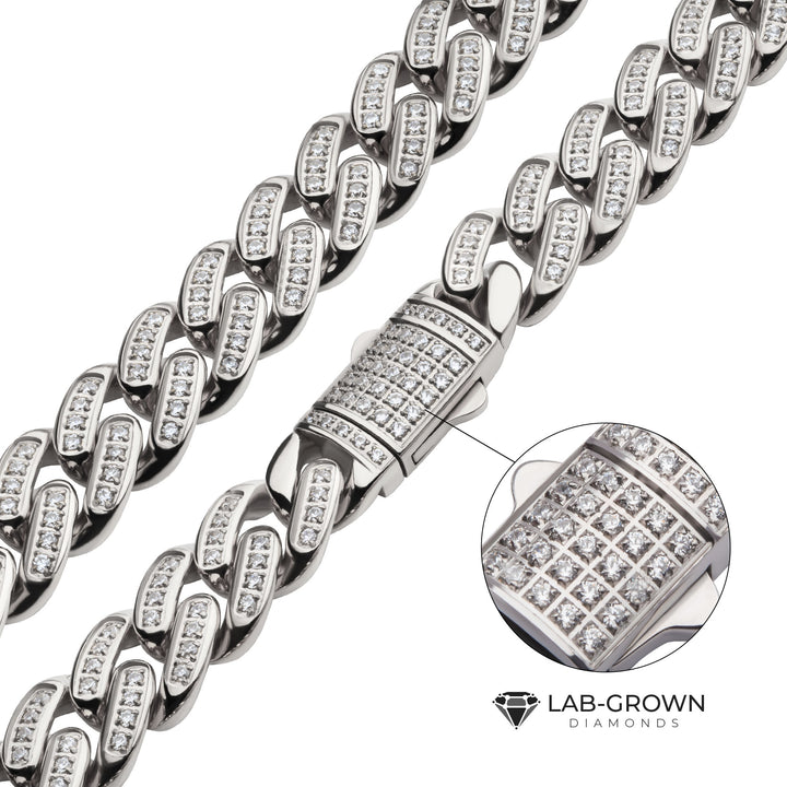 12mm Steel Miami Cuban Chain Necklace with CNC Precision Set Full Clear Lab-grown Diamonds Double Tab Box Clasp