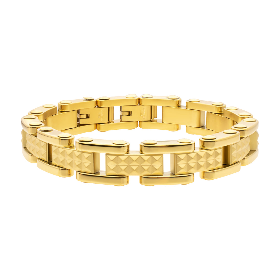 18Kt Gold IP Steel with Matte Finish Pyramid Stud Pattern & High Polished Finish Link Bracelet