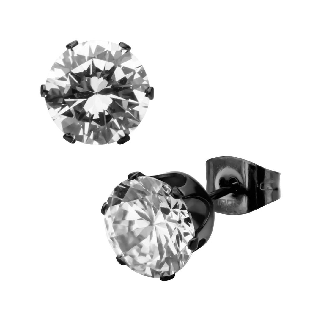 Black IP Steel with Clear CZ Stud Earrings (Unisex)