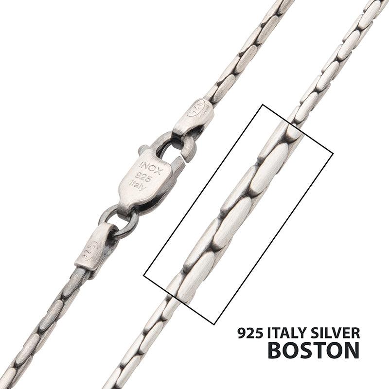 1.5mm 925 Italy Silver Black Rhodium Plated Brushed Satin Finish Boston Chain Necklace