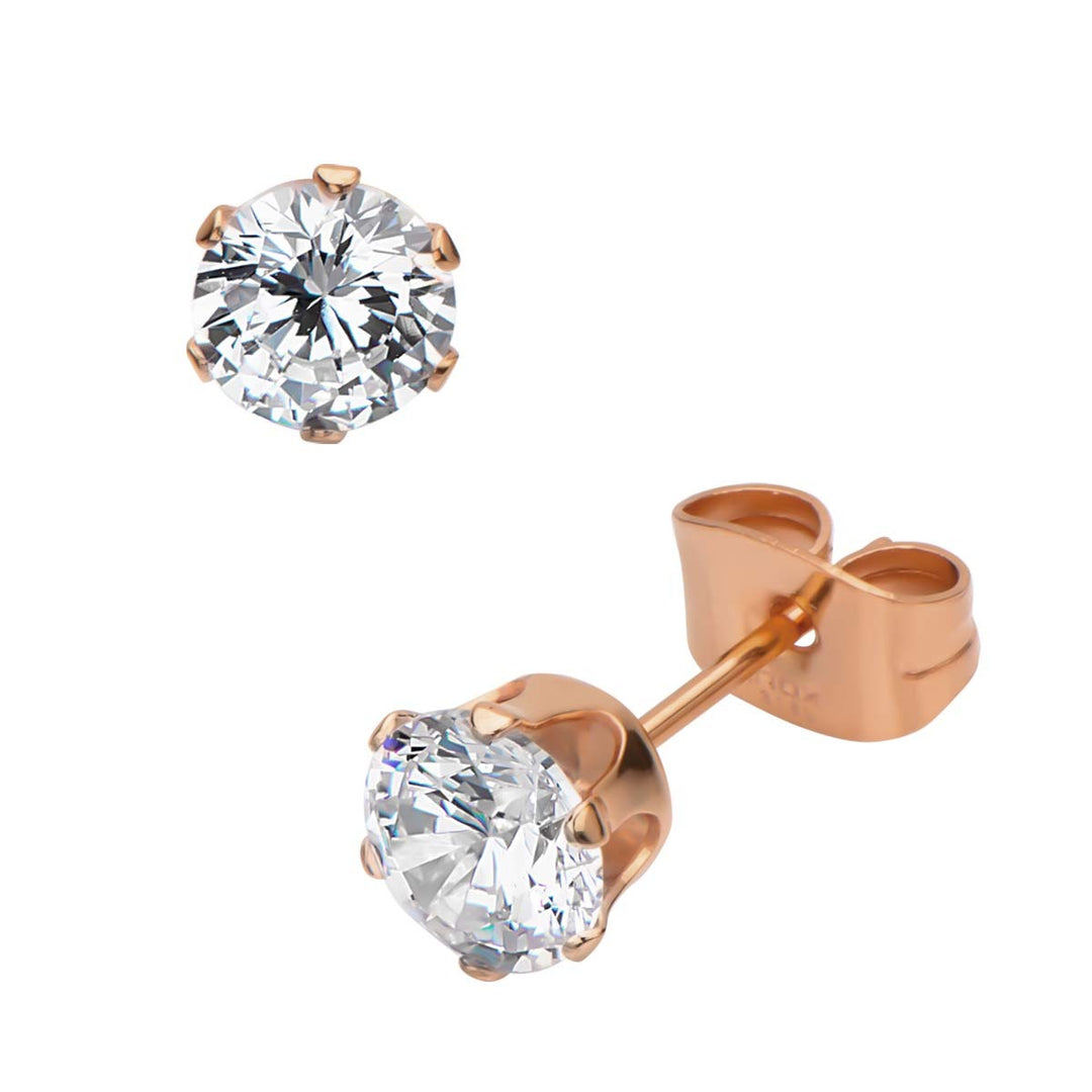 Rose Gold IP Steel with Clear CZ Stud Earrings (Unisex)