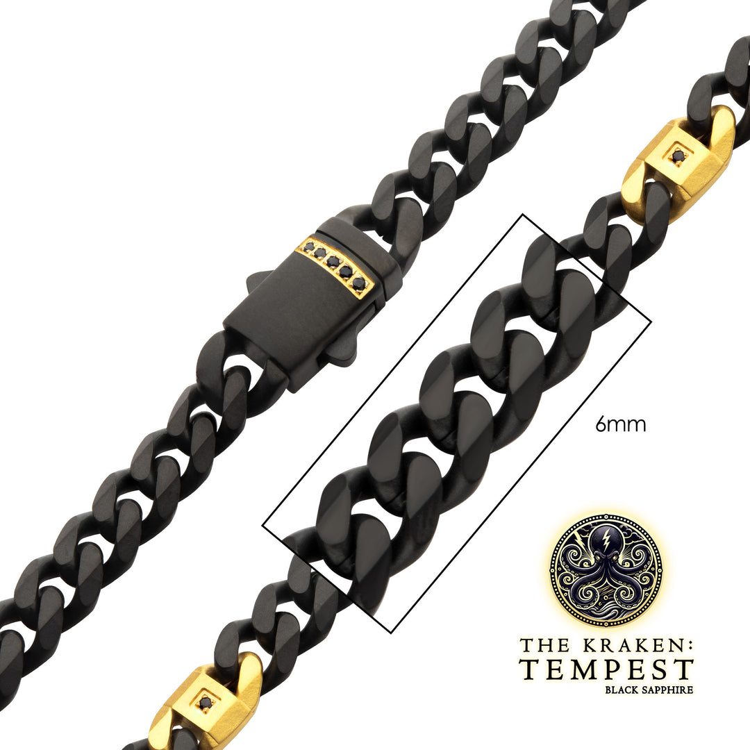 6mm Black IP Steel Matte Finish Miami Cuban Chain Necklace with Genuine Black Sapphire Gem