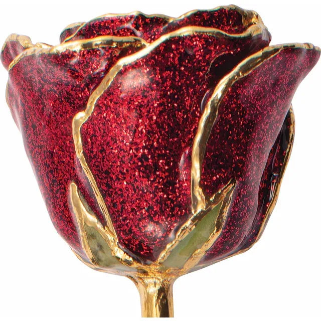 Lacquered Ruby Colored Sparkle Rose with Gold Trim