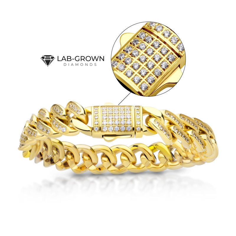 12mm 18Kt Gold IP Miami Cuban Chain Bracelet with CNC Precision Set Full Clear Lab-grown Diamonds Double Tab Box Clasp