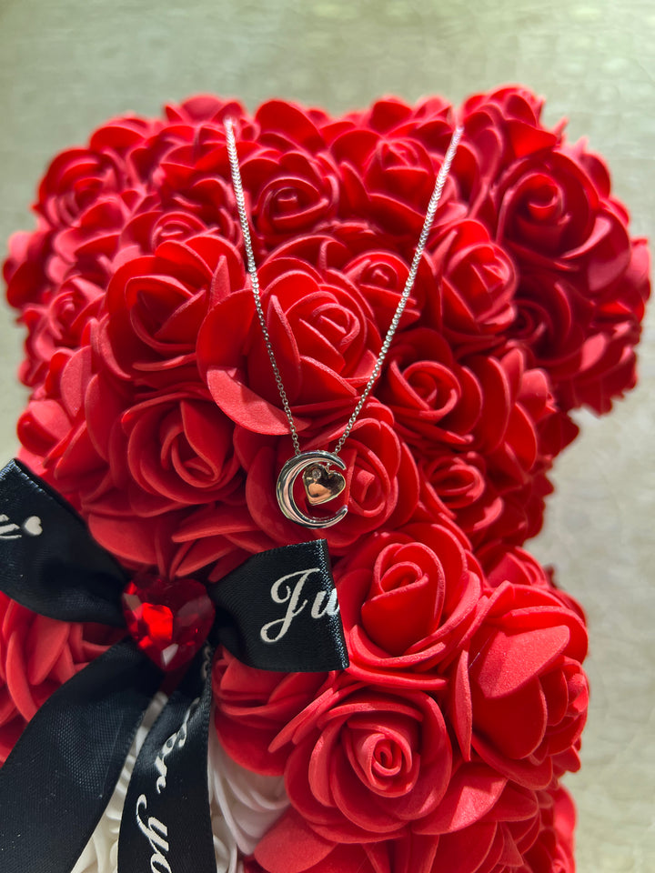 Red Rose Bear + Silver & Rose Tone Moon Back Pendant Bundle