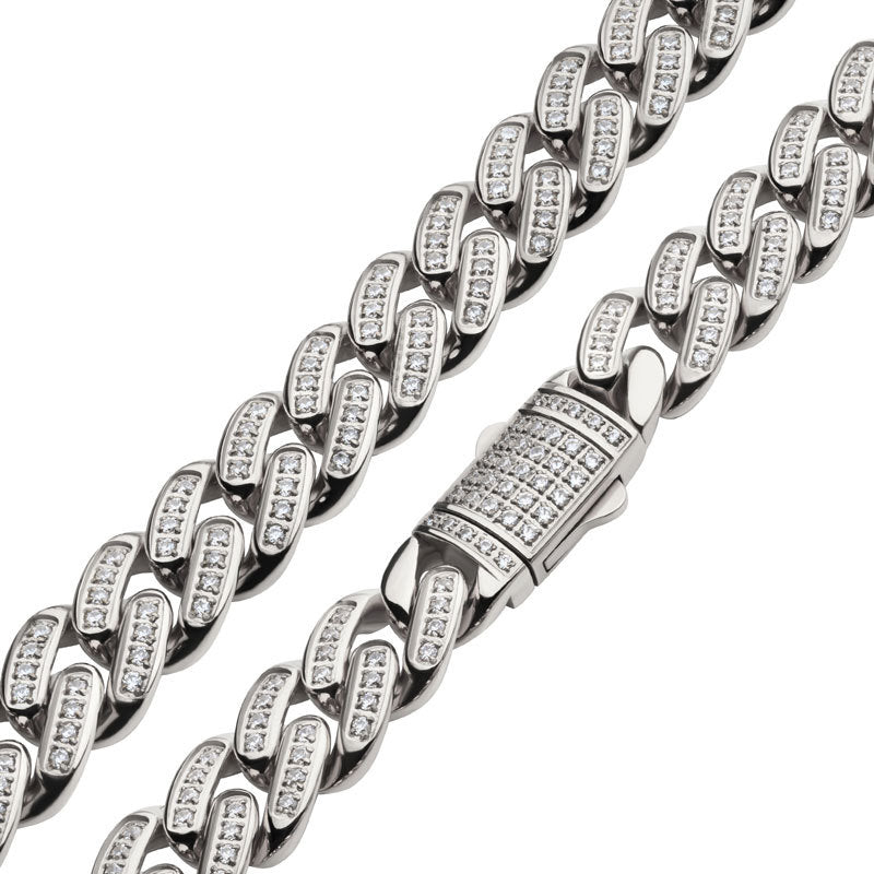 12mm Steel Miami Cuban Chain Necklace with CNC Precision Set Full Clear Cubic Zirconia Double Tab Box Clasp