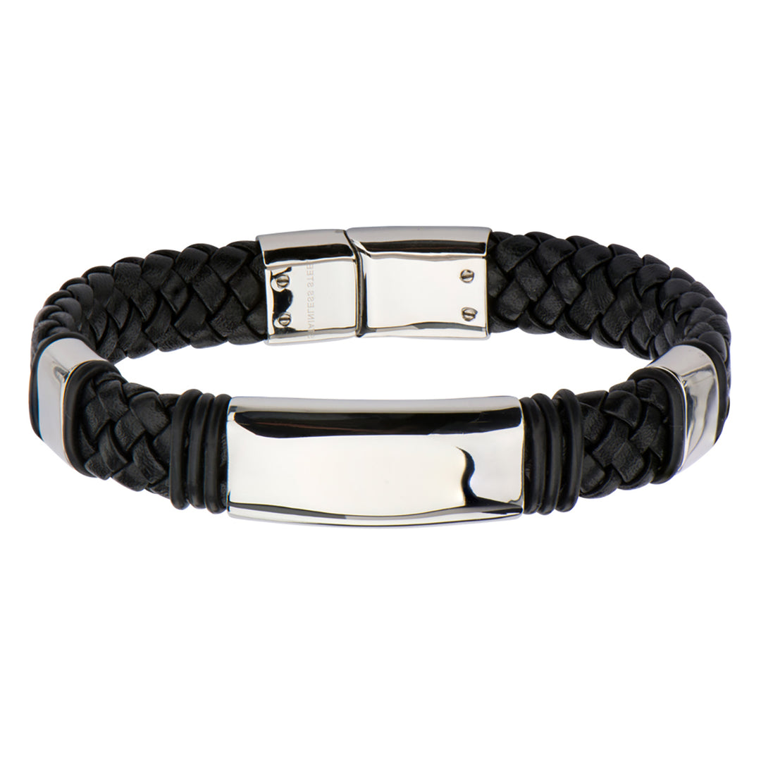 Stainless Steel Black Full Grain Cowhide Leather Bracelet