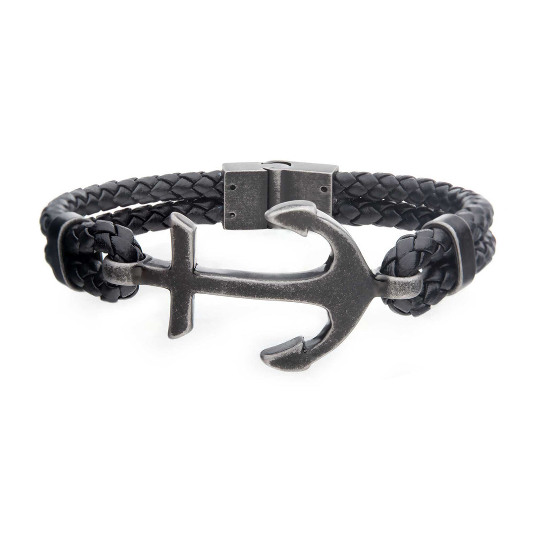 Black Antiqued Double Anchor Leather Bracelet