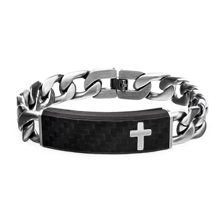 Carbon Fiber Black with Cross & Steel Adjustable Link ID Bracelet