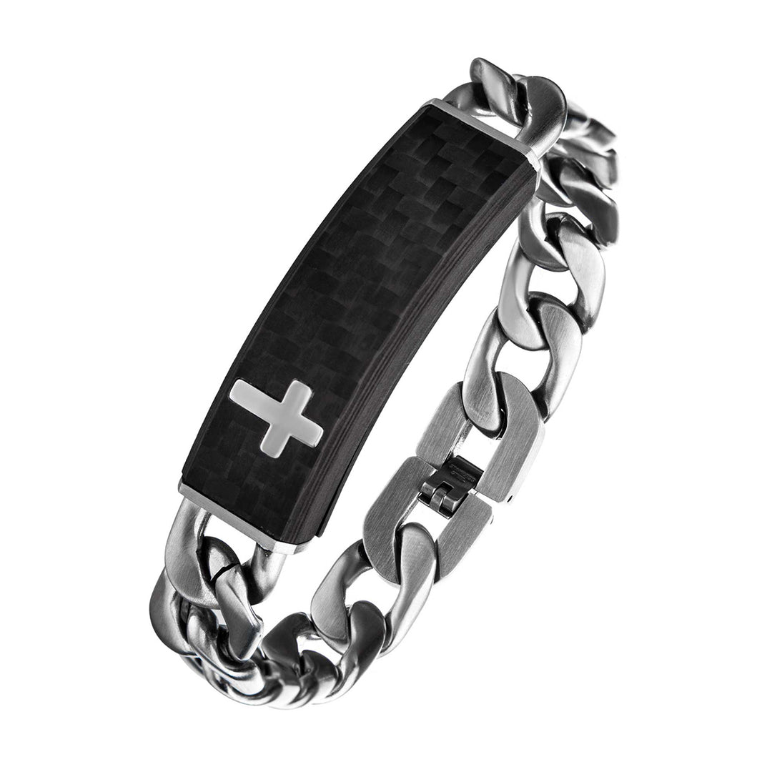 Carbon Fiber Black with Cross & Steel Adjustable Link ID Bracelet