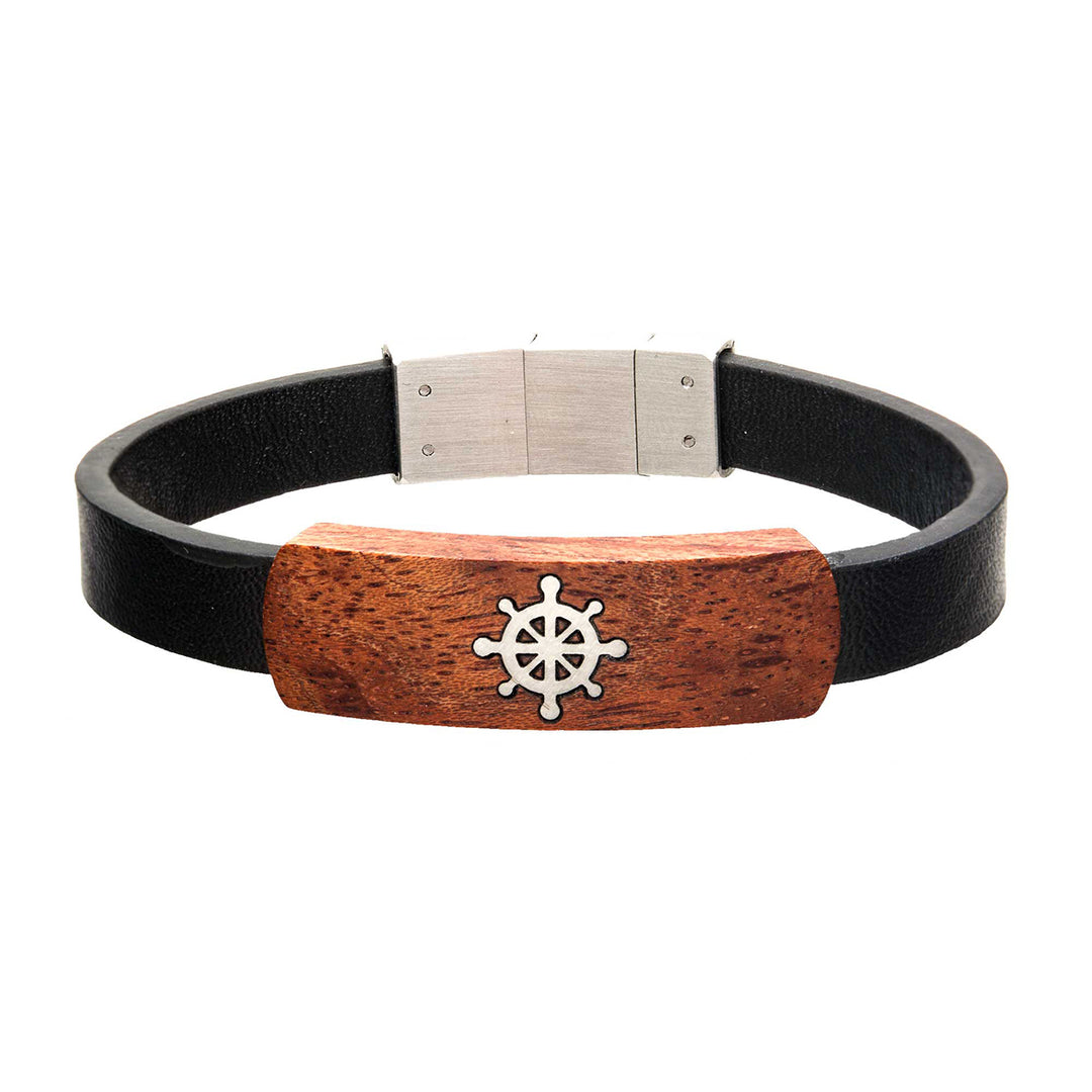 Black Leather with Ships Wheel in Red Wood ID Bracelets