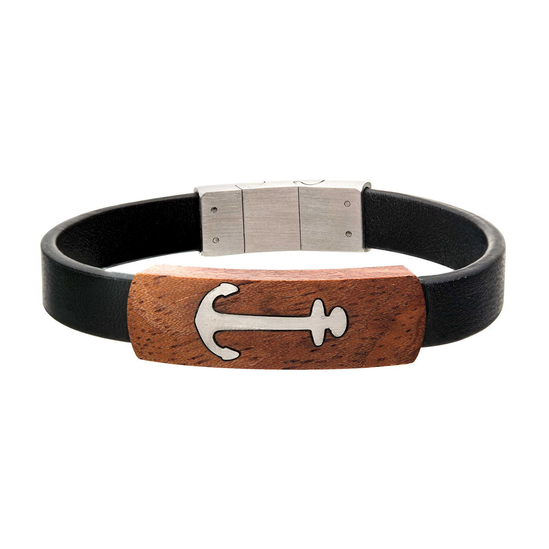 Black Leather with Anchor in Red Wood ID Bracelet