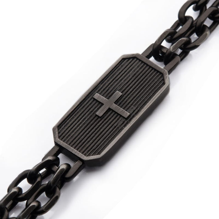 Gun Metal IP Cross ID with Double Chain Link Bracelet