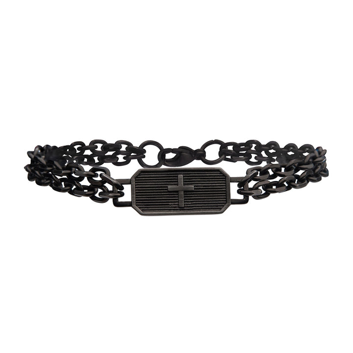 Gun Metal IP Cross ID with Double Chain Link Bracelet