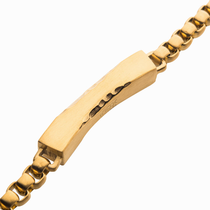 Matte 18Kt Gold IP Chiseled Engravable Drop with Bold Box Chain Bracelet