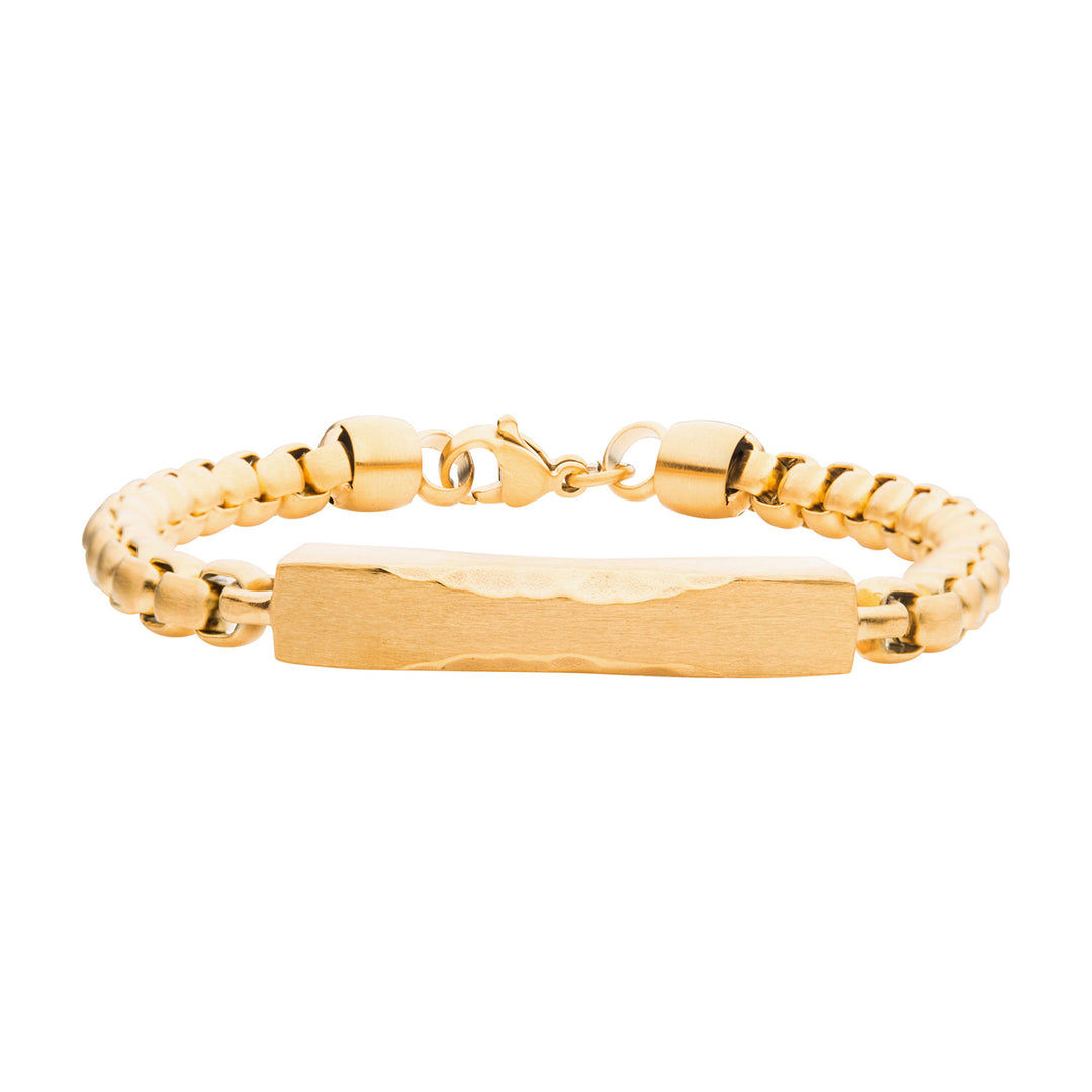 Matte 18Kt Gold IP Chiseled Engravable Drop with Bold Box Chain Bracelet