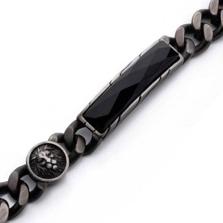 Matte Finish Gun Metal IP with African Lion Sigil & Faceted Black Agate Stone Curb Chain Bracelet