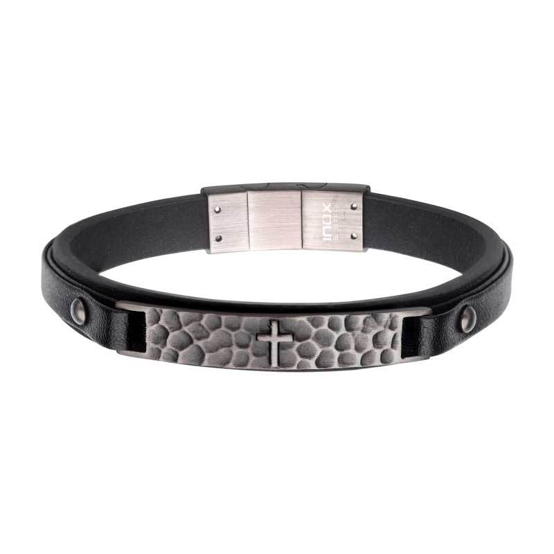 Black Leather Strapped with Cross Hammered ID Bracelet