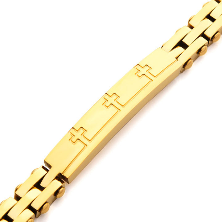 Trim Cut with Etched Cross 18Kt Gold IP Bracelet