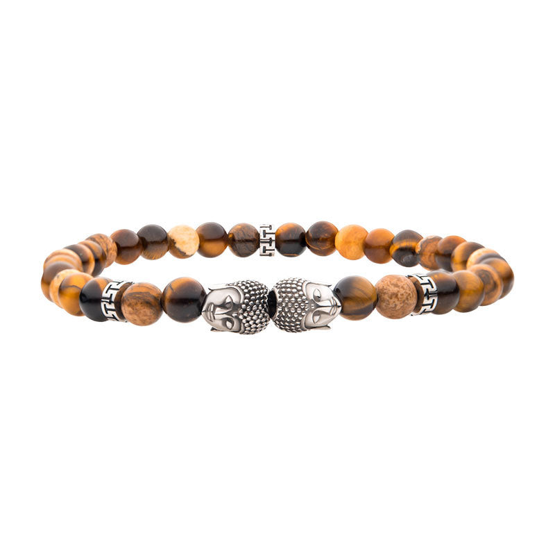 Steel Buddha Head Beads with Genuine Tiger Eye Stone Beads