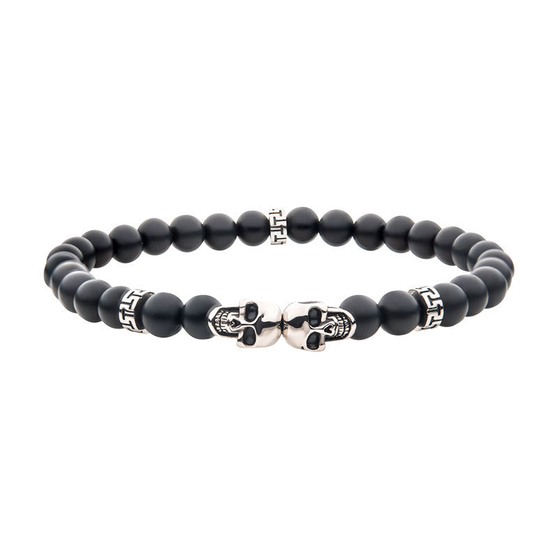 Steel Skull Beads with Genuine Black Agate Stone Beads