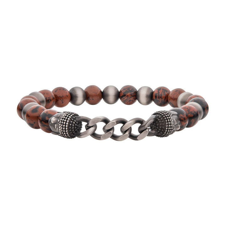 Gun Metal IP Buddha Curb Chain with Genuine Mahogany Obsidian Stone Beads