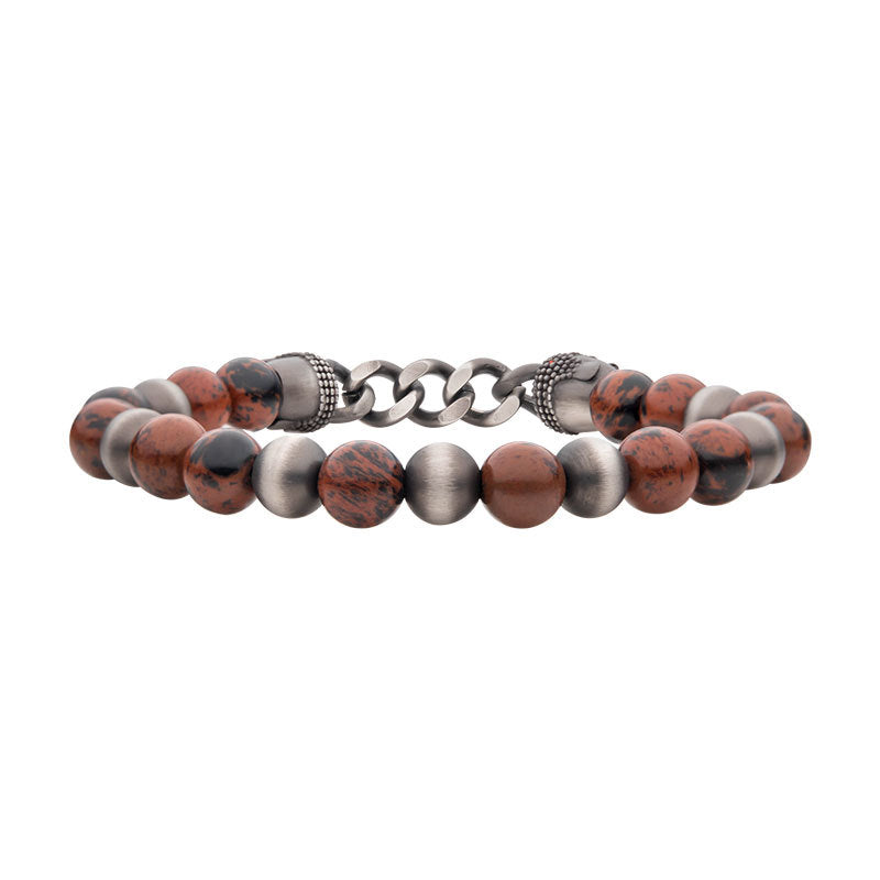 Gun Metal IP Buddha Curb Chain with Genuine Mahogany Obsidian Stone Beads