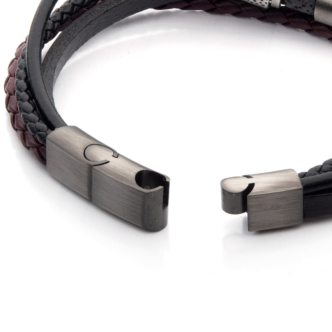 Black & Burgundy Leather with Lava Stone Bead Multi-Strand Bracelet