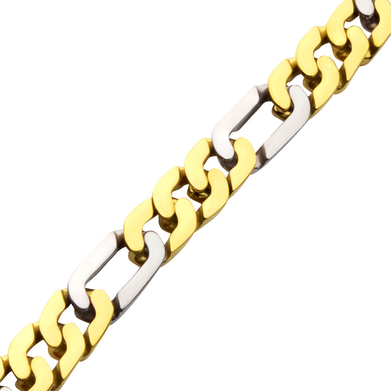 18Kt Gold IP Stainless Steel 8mm Beveled Figaro Chain Two-tone Bracelet