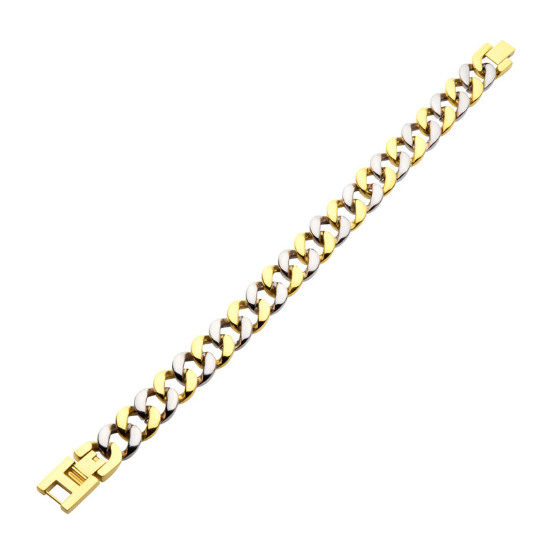 18Kt Gold IP Stainless Steel 12.5mm Curb Chain Two-tone Bracelet