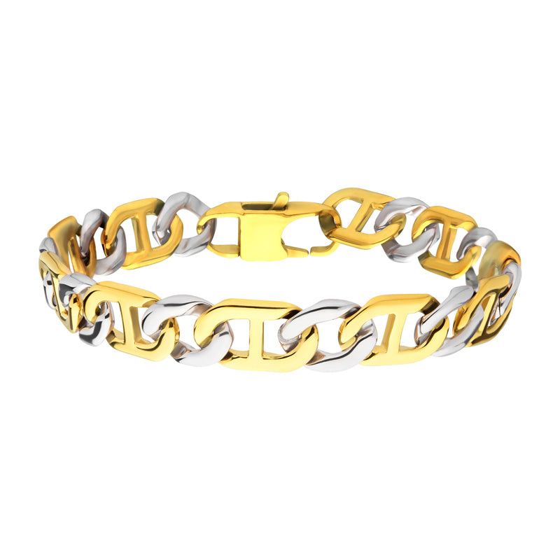 18Kt Gold IP Stainless Steel 11mm Mariner Link Chain Two-tone Bracelet