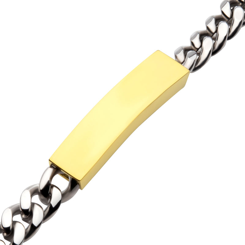 10mm Steel Curb Chain Two-tone Bracelet with 18Kt Gold IP Engravable ID Plate