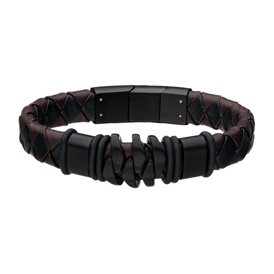 Steel & Black IP Brown Leather Bohemian Bracelet