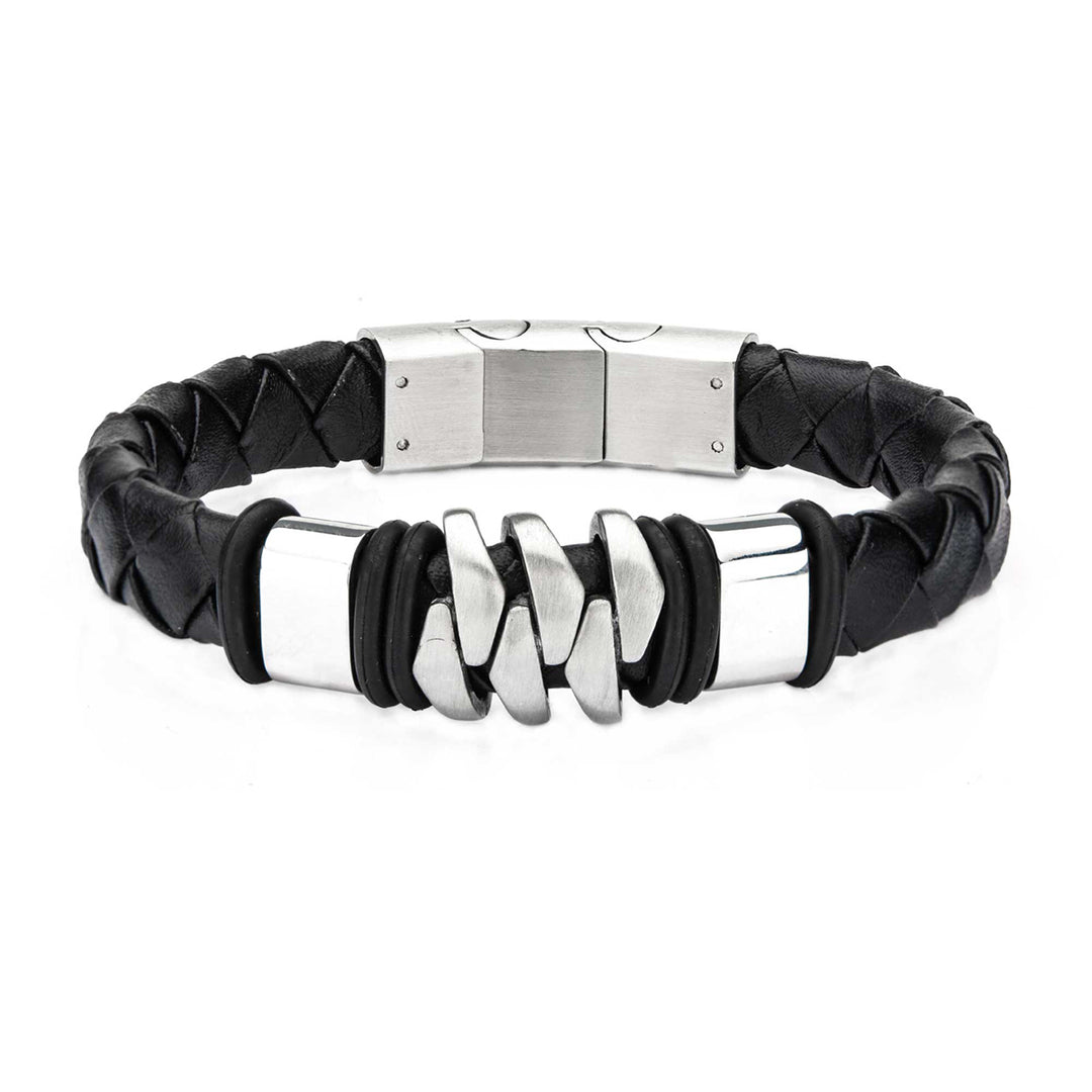 Stainless Steel & Matte Black Leather Bohemian Bracelet