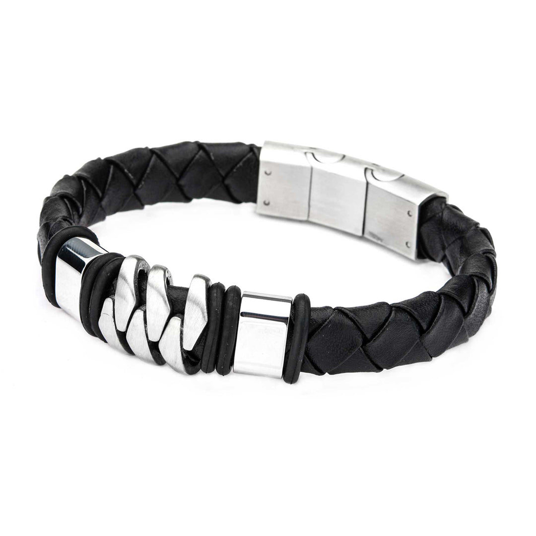 Stainless Steel & Matte Black Leather Bohemian Bracelet