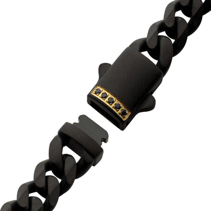 6mm Black IP Steel Matte Finish Miami Cuban Chain Bracelet with Genuine Black Sapphire Gem