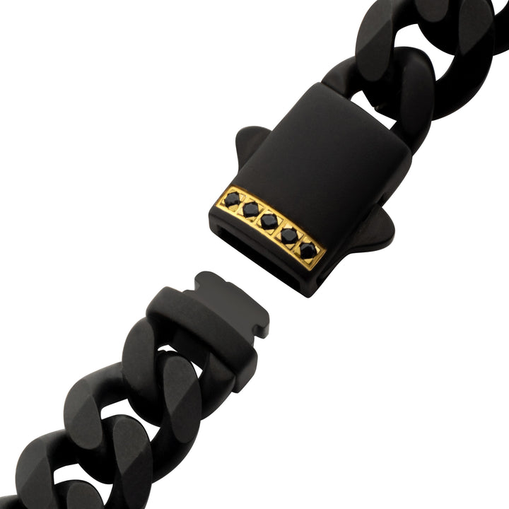 8mm Black IP Steel Matte Finish Miami Cuban Chain Bracelet with Genuine Black Sapphire Gem