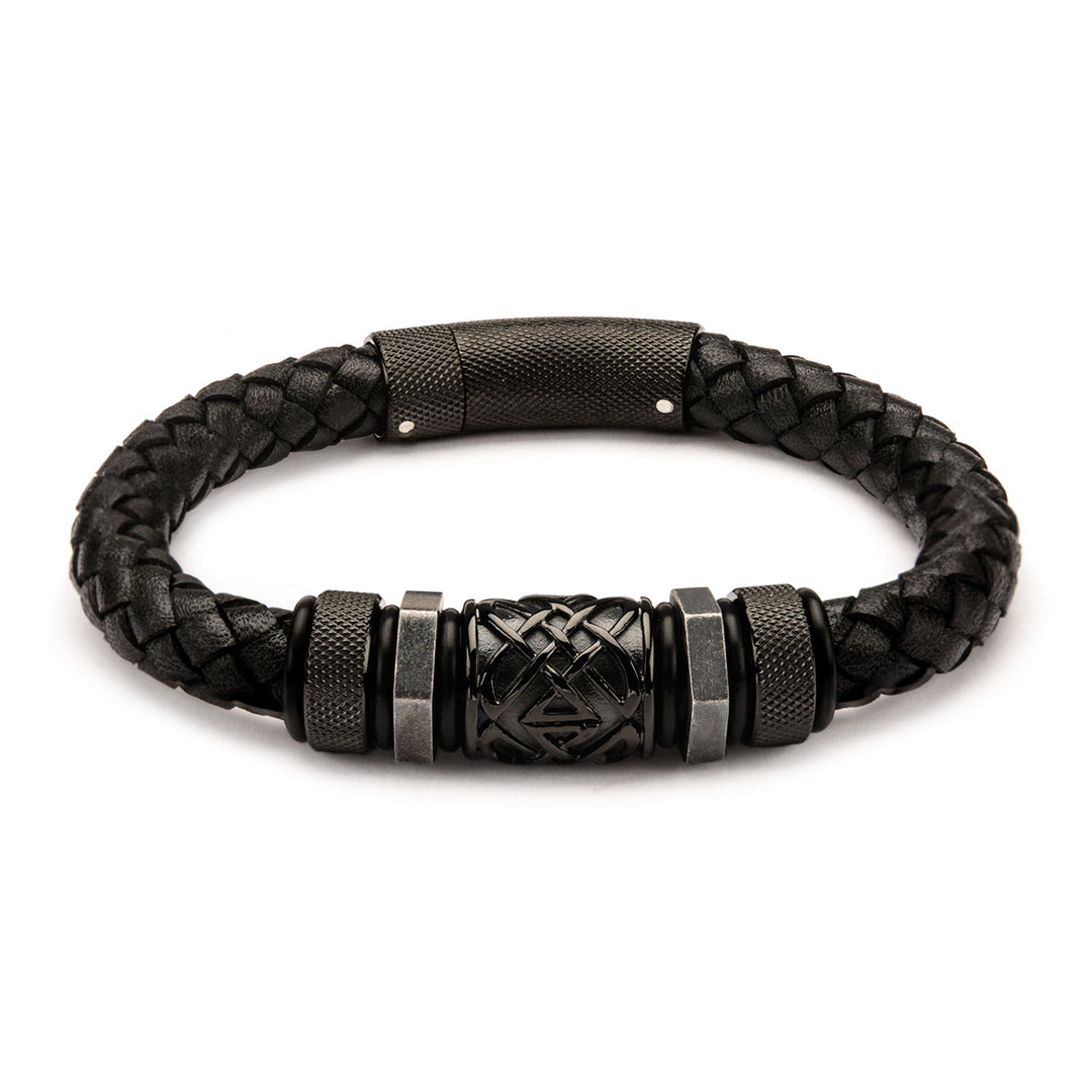 Black Braided Full Grain Cowhide Leather with Steel Black IP Beads Bracelet