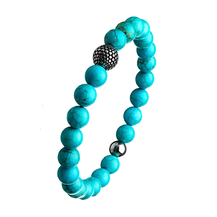 Blue Turquoise Stone Bracelet, Steel Ornamental Bead