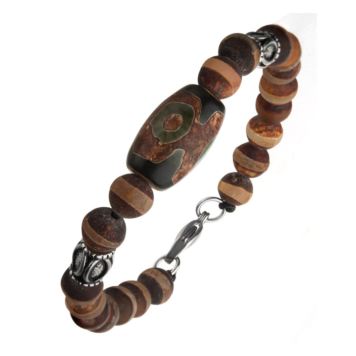 Dzi Tibetan Bead, Frost Stripe Brown Agate Stone & Steel Amulet Ornaments Bracelet with Steel Lobster Clasp