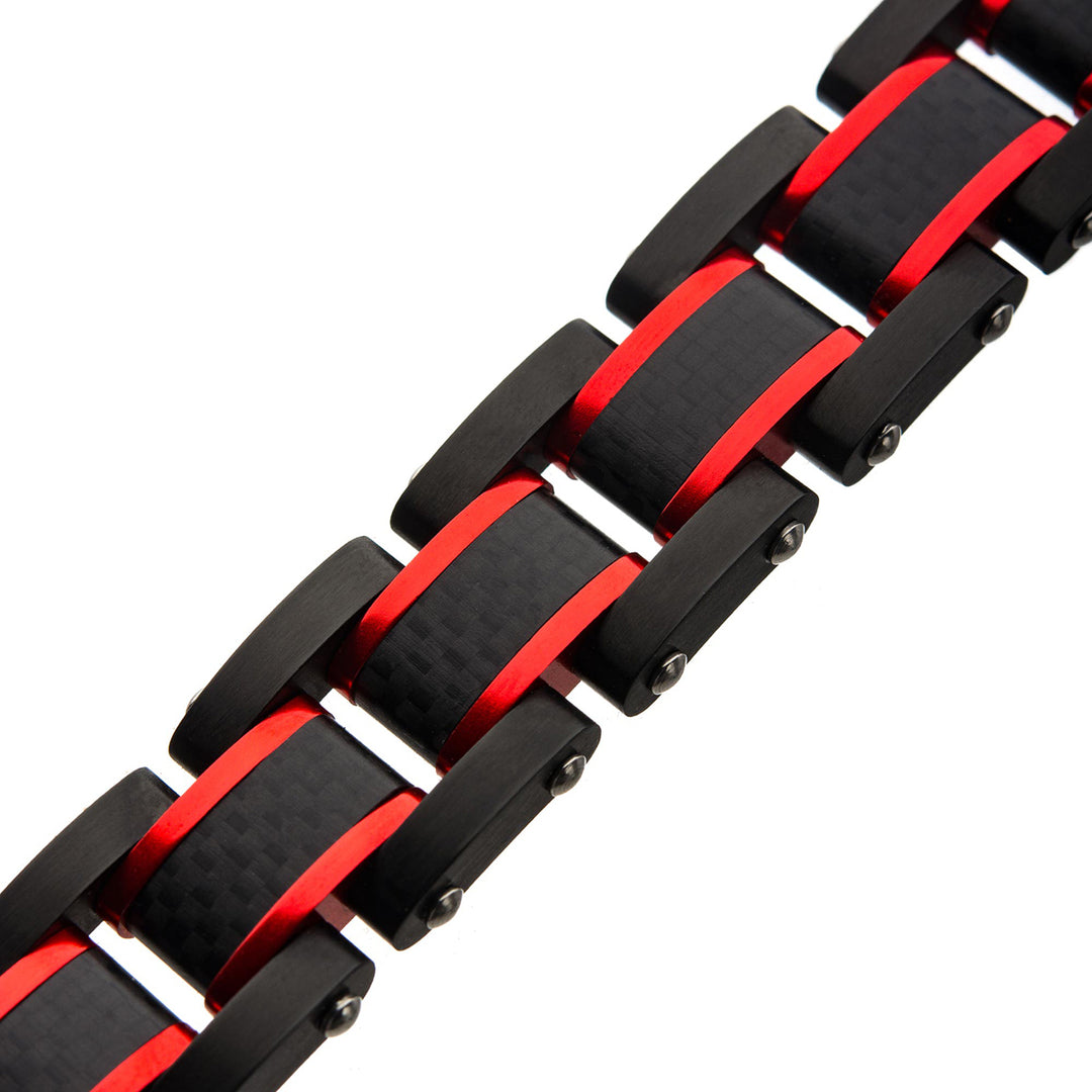 Dante - Black & Red Steel Matte  Carbon Fiber & Link Sizeable Bracelet