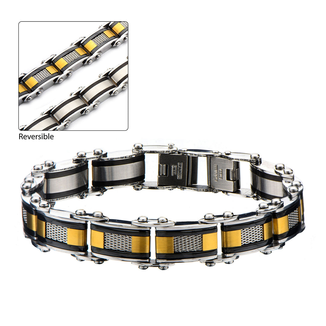 Double Sided Black IP with Gold IP & Steel Mesh Reversible Bracelet