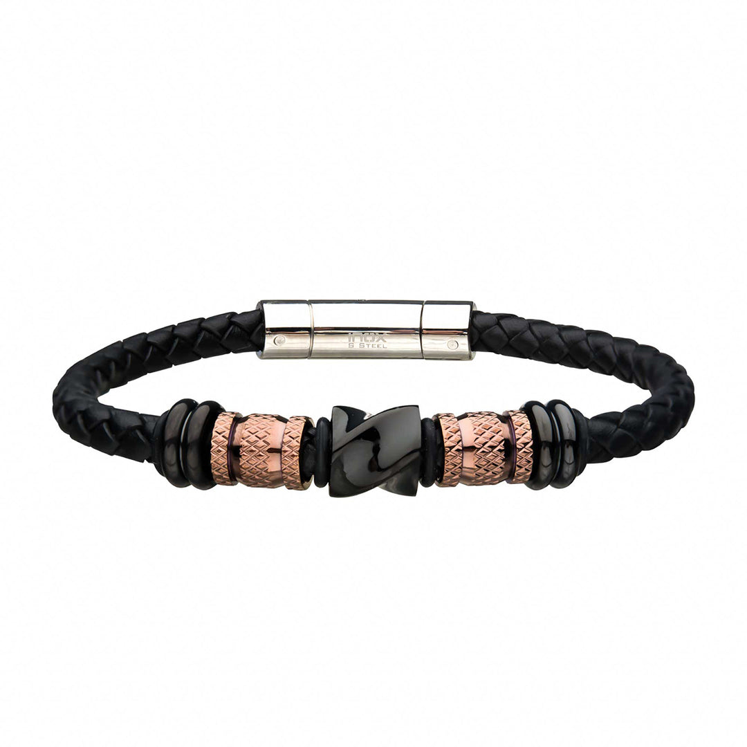 Black Braided Full Grain Cowhide Leather with Rose Gold & Black IP Beads Bracelet