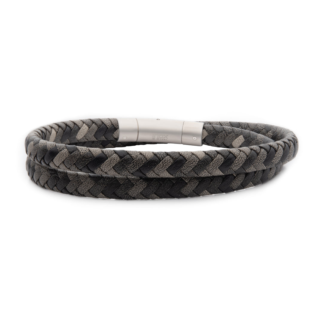 Grey Double Wrap Braided Full Grain Cowhide Leather Bracelet