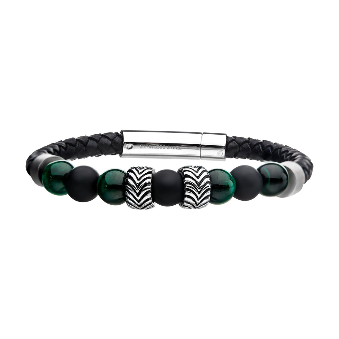 Black Genuine Full Grain Cowhide Leather with Steel & Tiger Eye Beads Hybrid Blue Malachite Bracelet