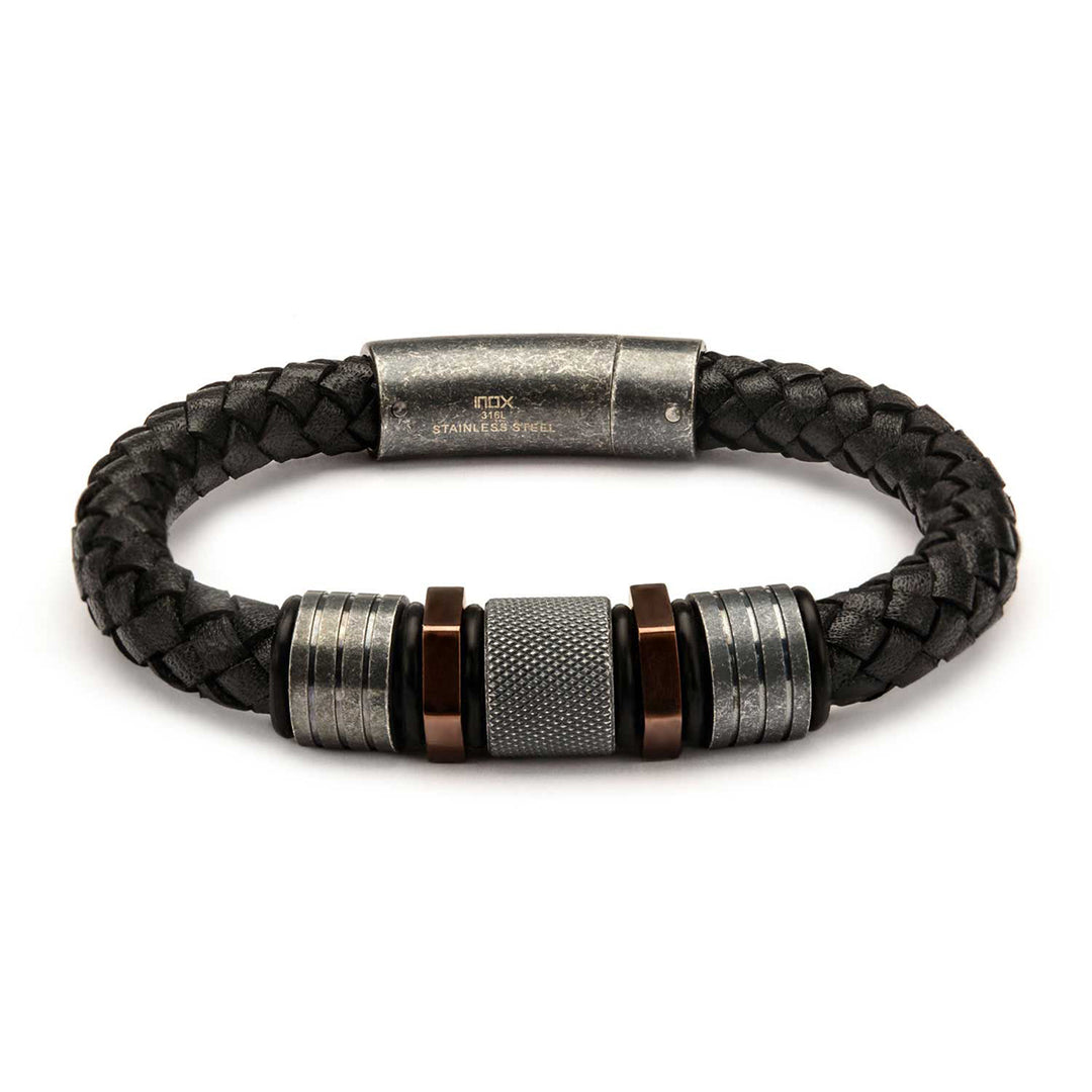 Black Braided Full Grain Cowhide Leather with Rose Gold IP & Steel Beads Bracelet